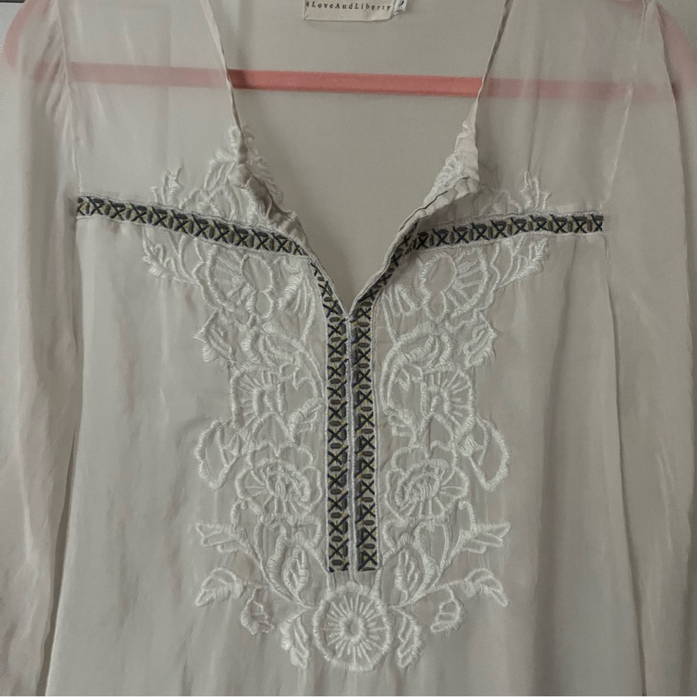 JOHNNY WAS LOVE‎ AND LIBERTY white silk sheer embroidered long sleeve blouse - Picture 3 of 7